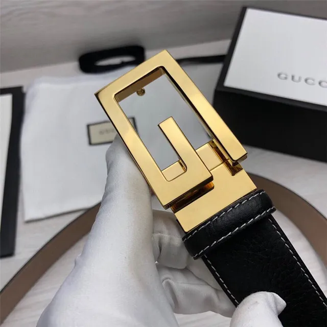 Gucci G-Buckle 黑色金色粒面对比白色缝线皮革腰带 17