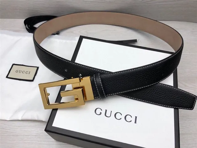 Gucci G-Buckle 黑色金色粒面对比白色缝线皮革腰带 18