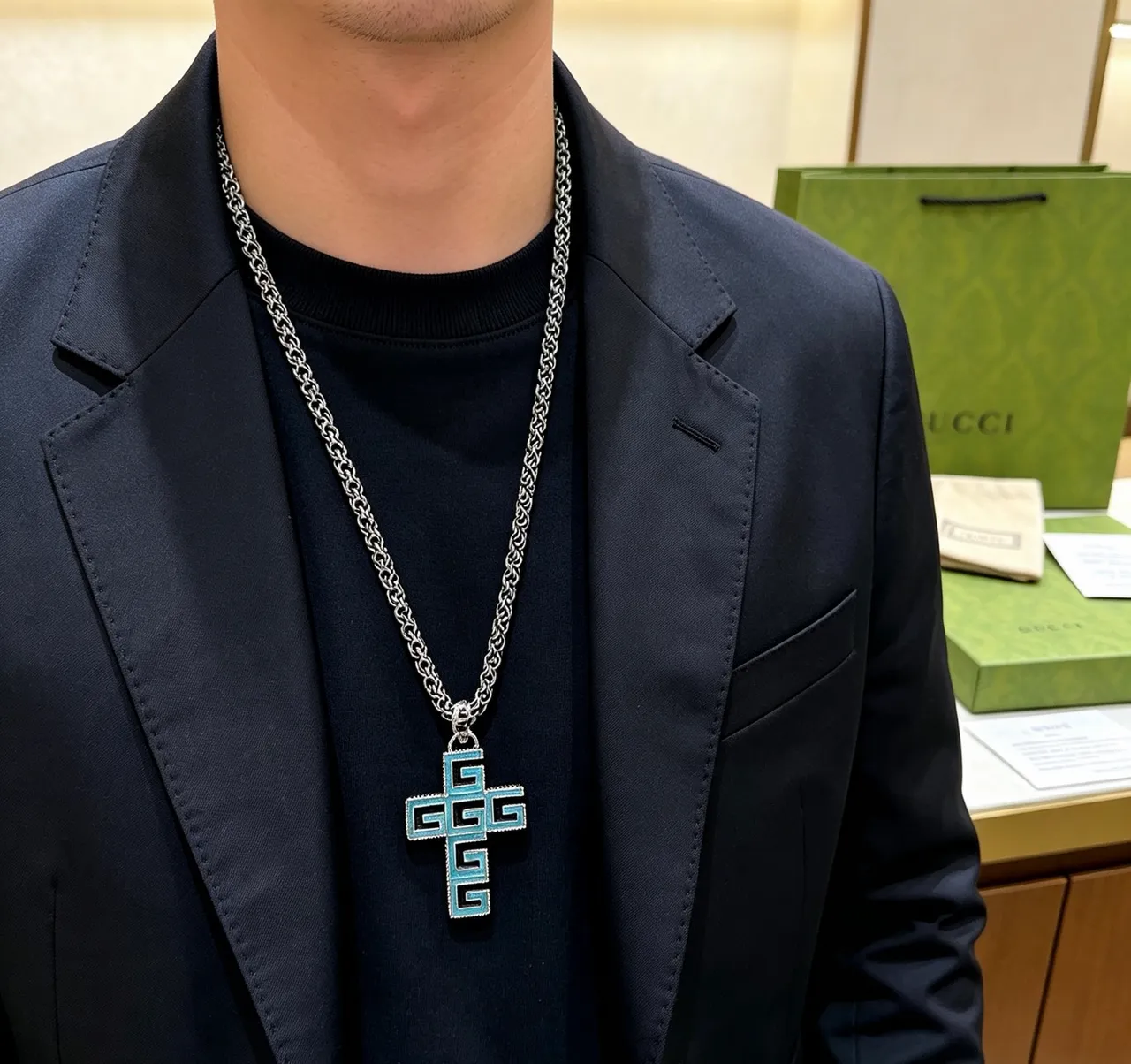 Gucci GG Cross টারকয়জ এনামেল সিলভার-টোন নেকলেস 3