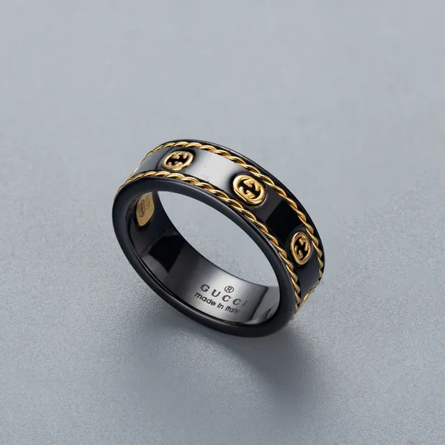 Gucci GG Marmont Black Gold Ceramic Chain Border Ring 2
