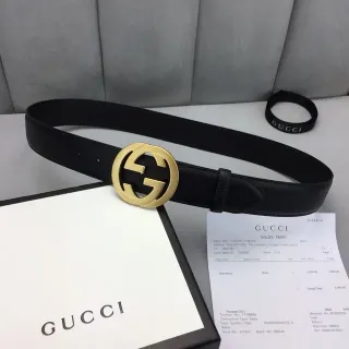 Gucci GG Marmont Preto Dourado Interlocking G Fivela Cinto de Couro Liso