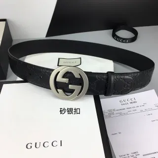 Gucci GG Marmont حزام جلد أسود فضي مطبوع حرفي متشابك حرف ج إبز