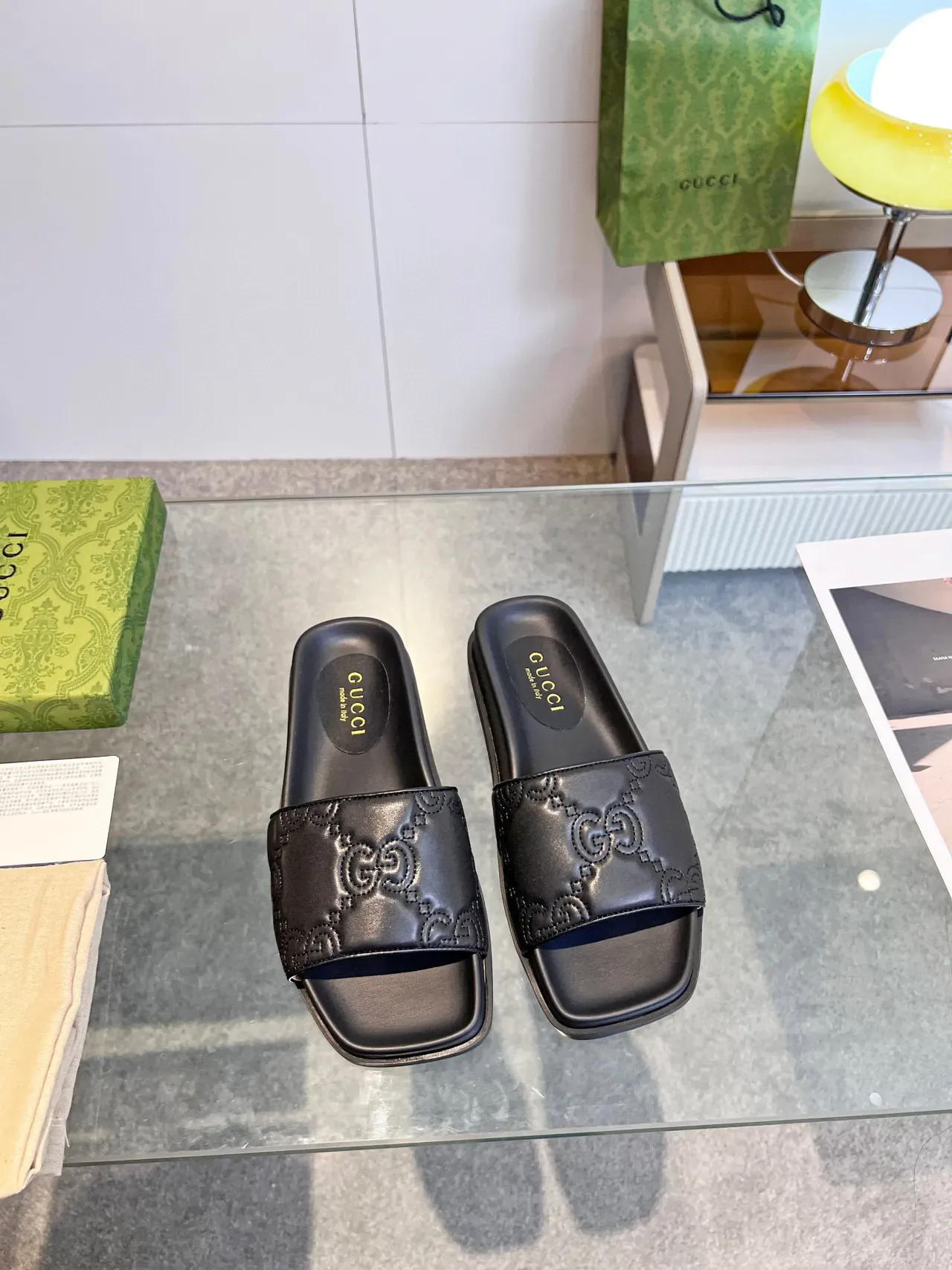 Gucci GG Marmont Embossed Black Leather Square-Toe Slide Slippers 3