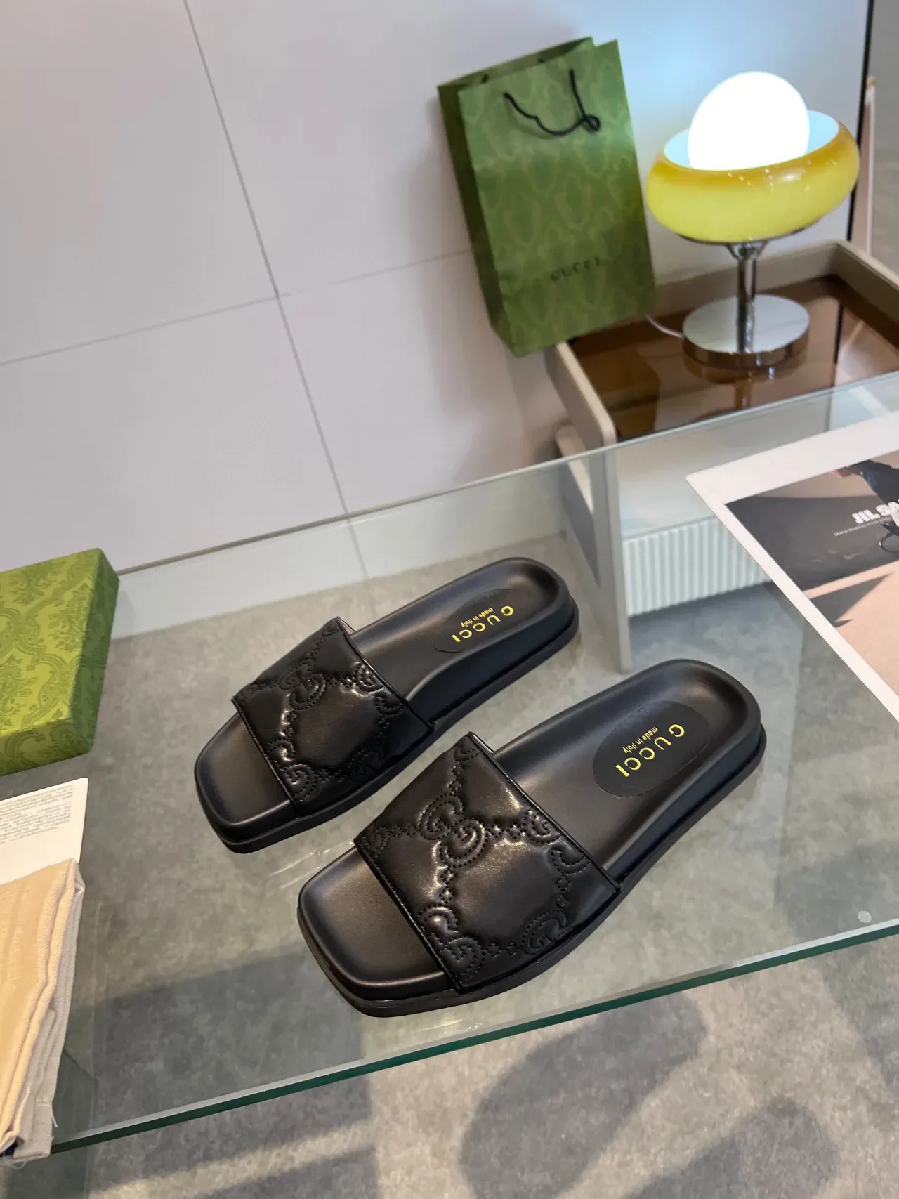 Gucci GG Marmont Embossed Black Leather Square-Toe Slide Slippers 8