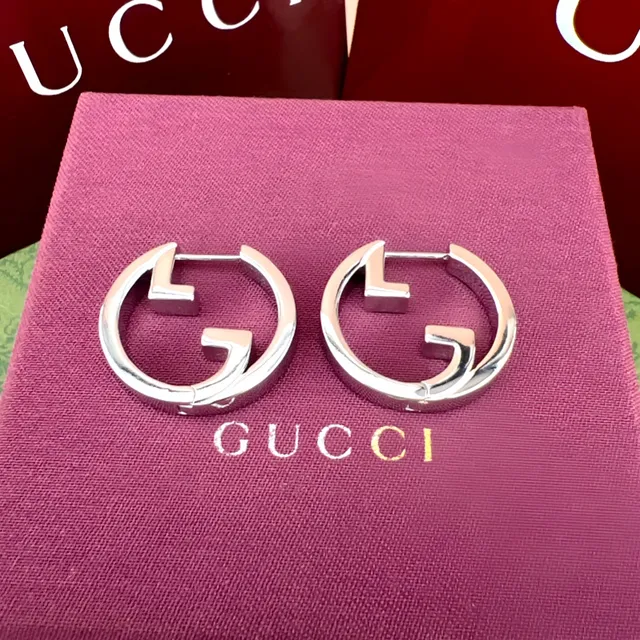 Gucci GG Marmont ذهبي/فضي Interlocking G Logo أقراط حلق دائرية 5