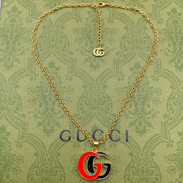 গুসি GG মার্মন্ট গোলাপী কালো গোল্ড-টোন চেইন এনামেল ডাবল-জি পেন্ডেন্ট নেকলেস 7
