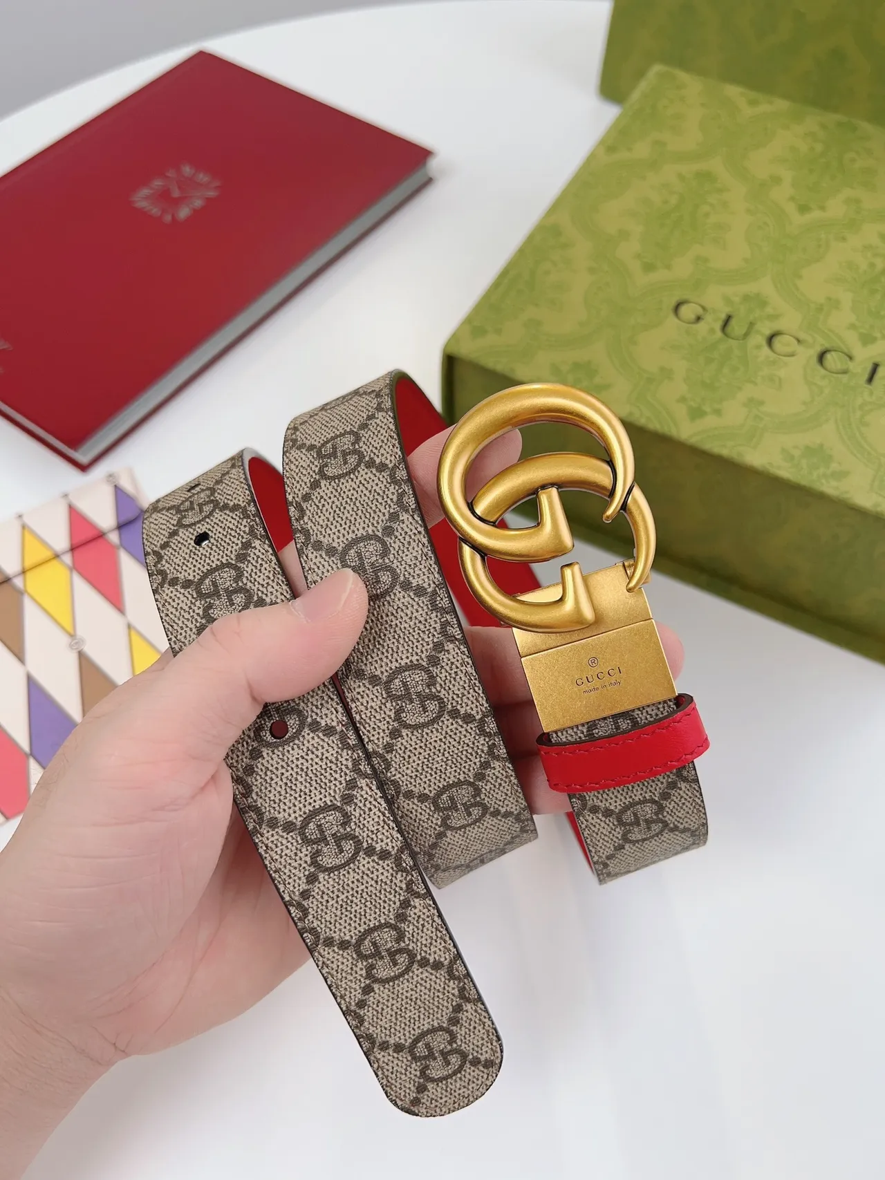 Gucci GG Marmont Red and Beige Leather Belt 2