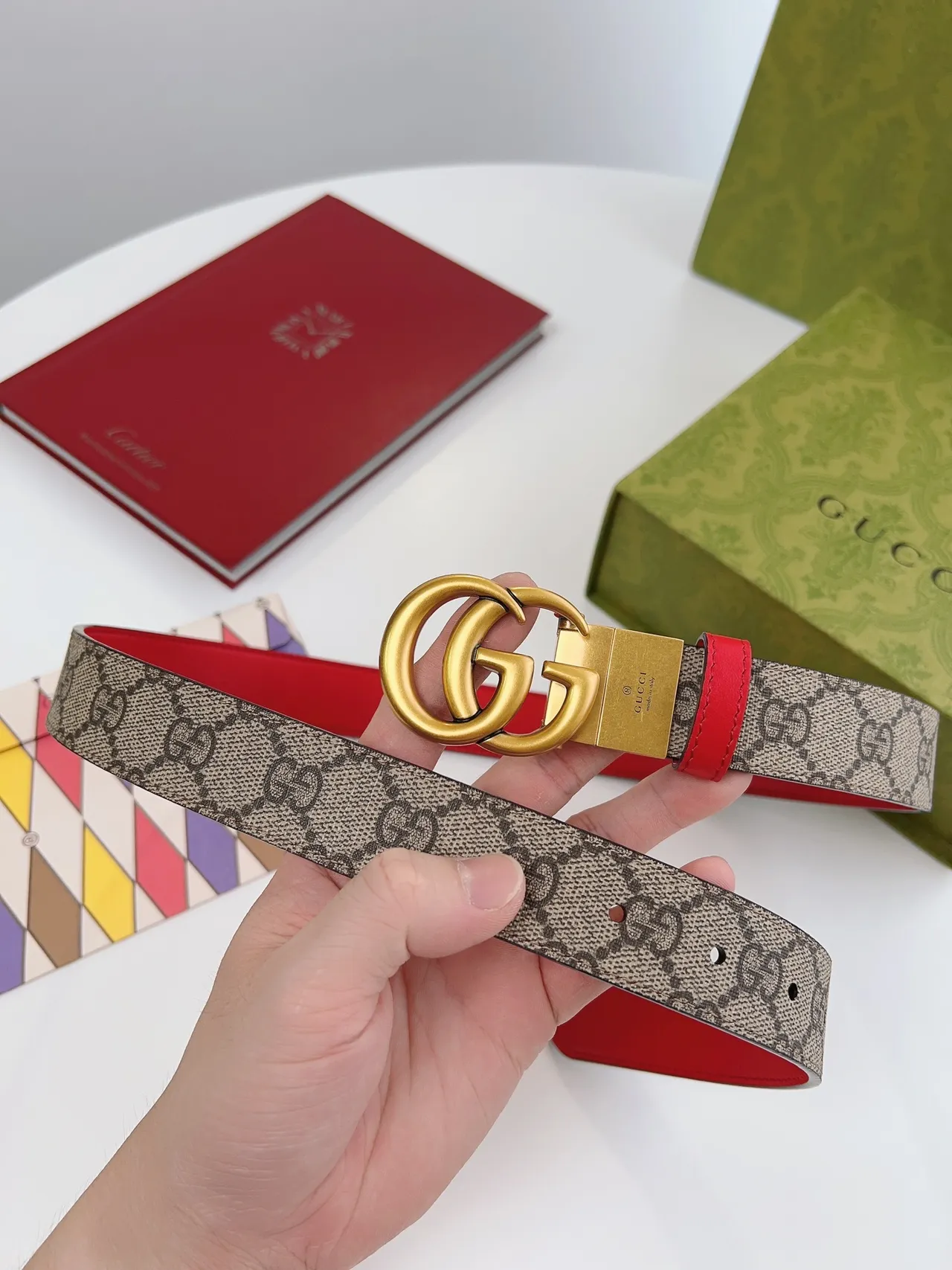 Gucci GG Marmont Red and Beige Leather Belt 3