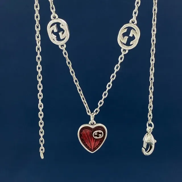 Gucci GG Marmont Red Silver Chain Interlocking G Charms Necklace 2