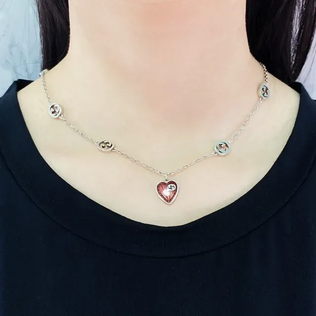 Gucci GG Marmont Red Silver Chain Interlocking G Charms Necklace 4