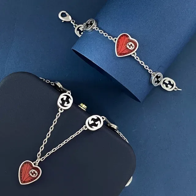 Gucci GG Marmont Red Silver Chain Interlocking G Charms Necklace 5