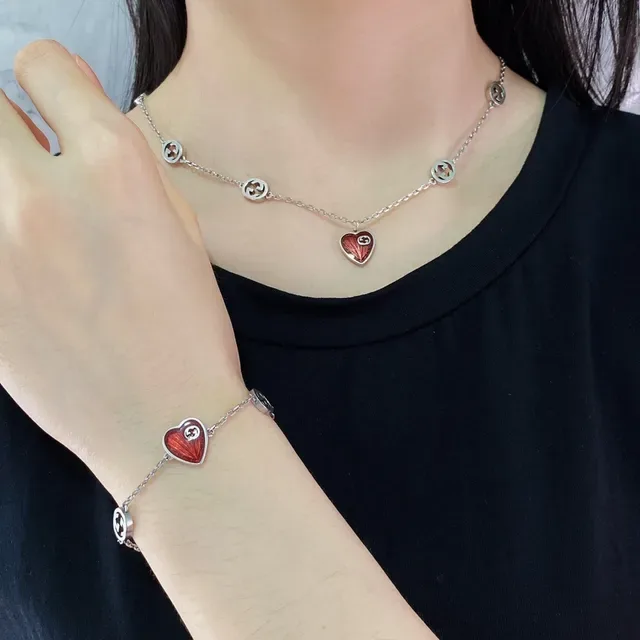 Gucci GG Marmont Red Silver Chain Interlocking G Charms Necklace 7