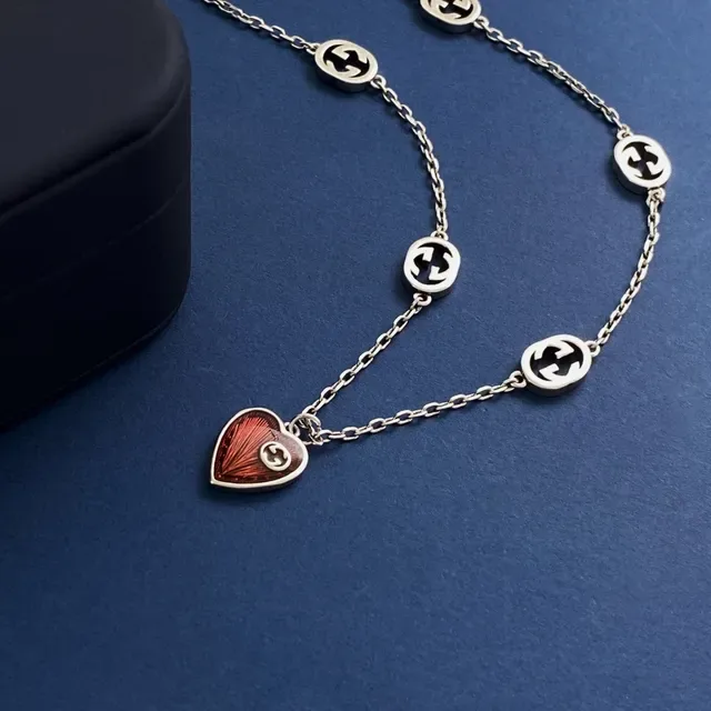 Gucci GG Marmont Red Silver Chain Interlocking G Charms Necklace 8