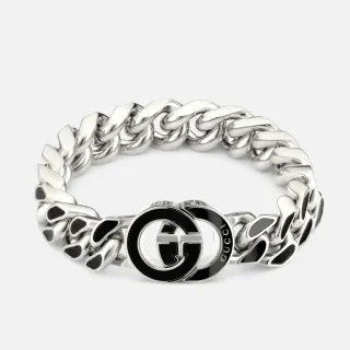 سوارة غوتشي GG مارمونت فضي أسود سلسلة رابطة كثيفة قفل Interlocking Double-G Logo