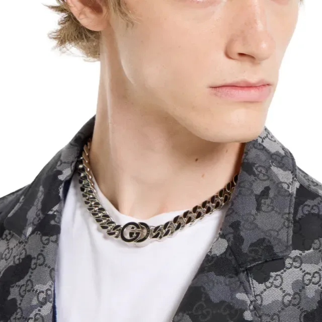 Gucci GG Marmont Prata Preto Corrente Curb-Link Grossa Pulseira com Fecho Interlocking Double-G Logo 2
