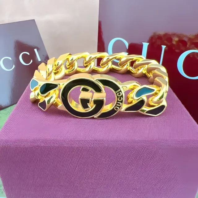 Gucci GG Marmont Prata Preto Corrente Curb-Link Grossa Pulseira com Fecho Interlocking Double-G Logo 5