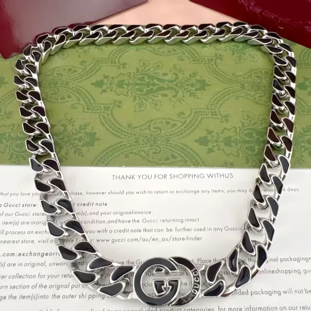 Gucci GG Marmont Prata Preto Corrente Curb-Link Grossa Pulseira com Fecho Interlocking Double-G Logo 6