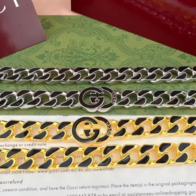 Gucci GG Marmont Prata Preto Corrente Curb-Link Grossa Pulseira com Fecho Interlocking Double-G Logo 8