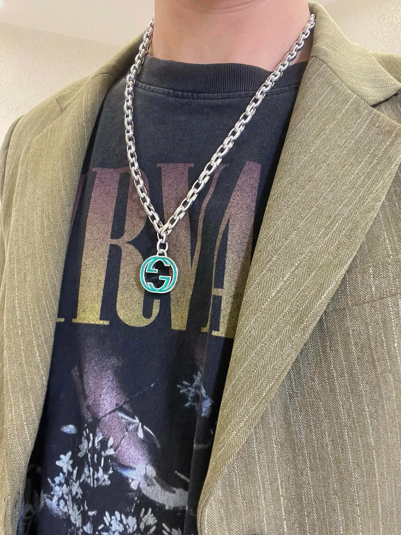 Gucci GG Marmont Corrente de elos ornamentada prata azul pingante esmaltado turquesa 5