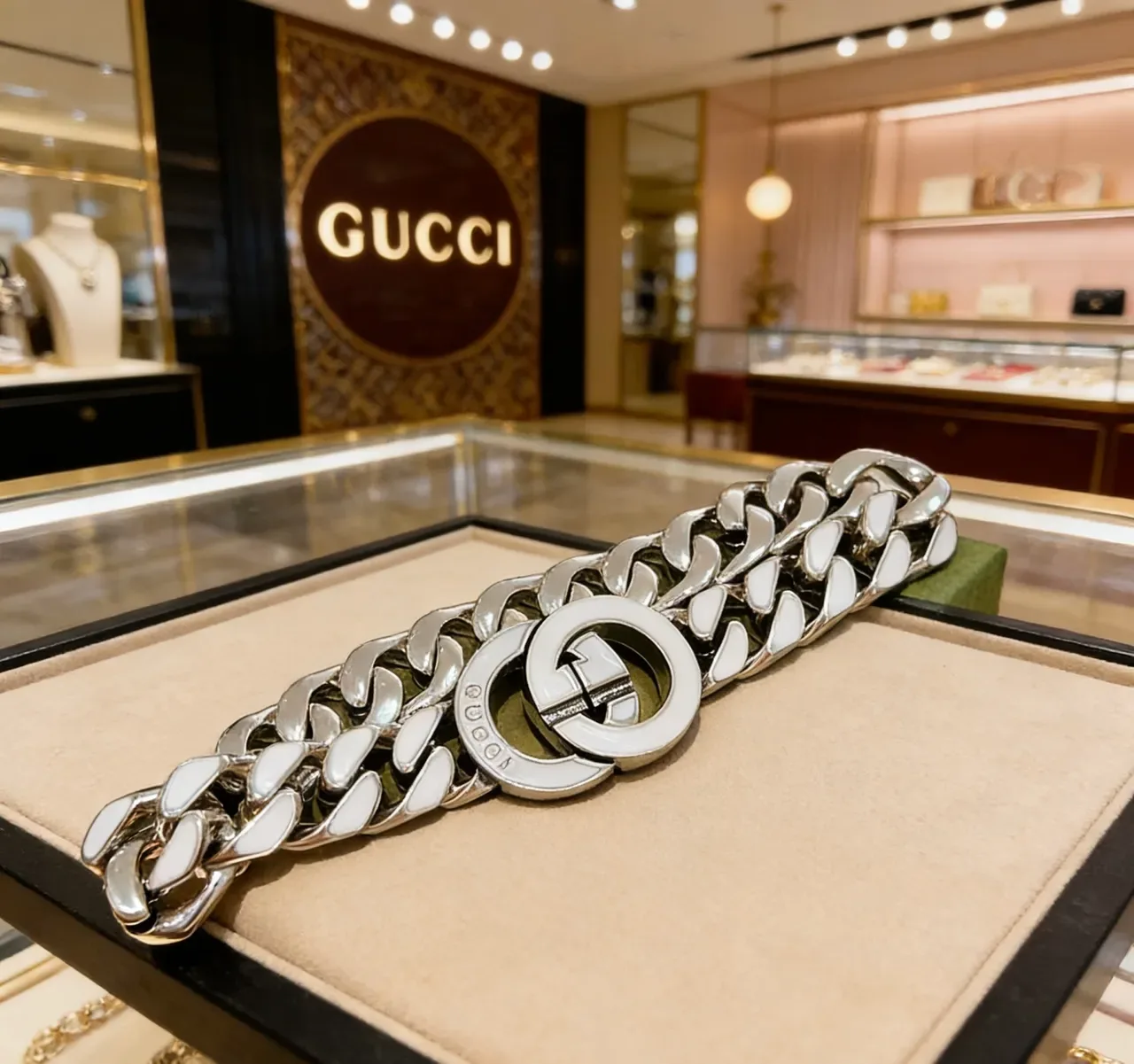 Gucci GG Marmont سوارة سلسلة كيرب مينا بيضاء 5
