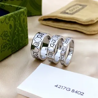 Gucci Ghost GG चांदी काला पॉलिश्ड बैंड एन्ग्रेव्ड और मोटिफ्स रिंग