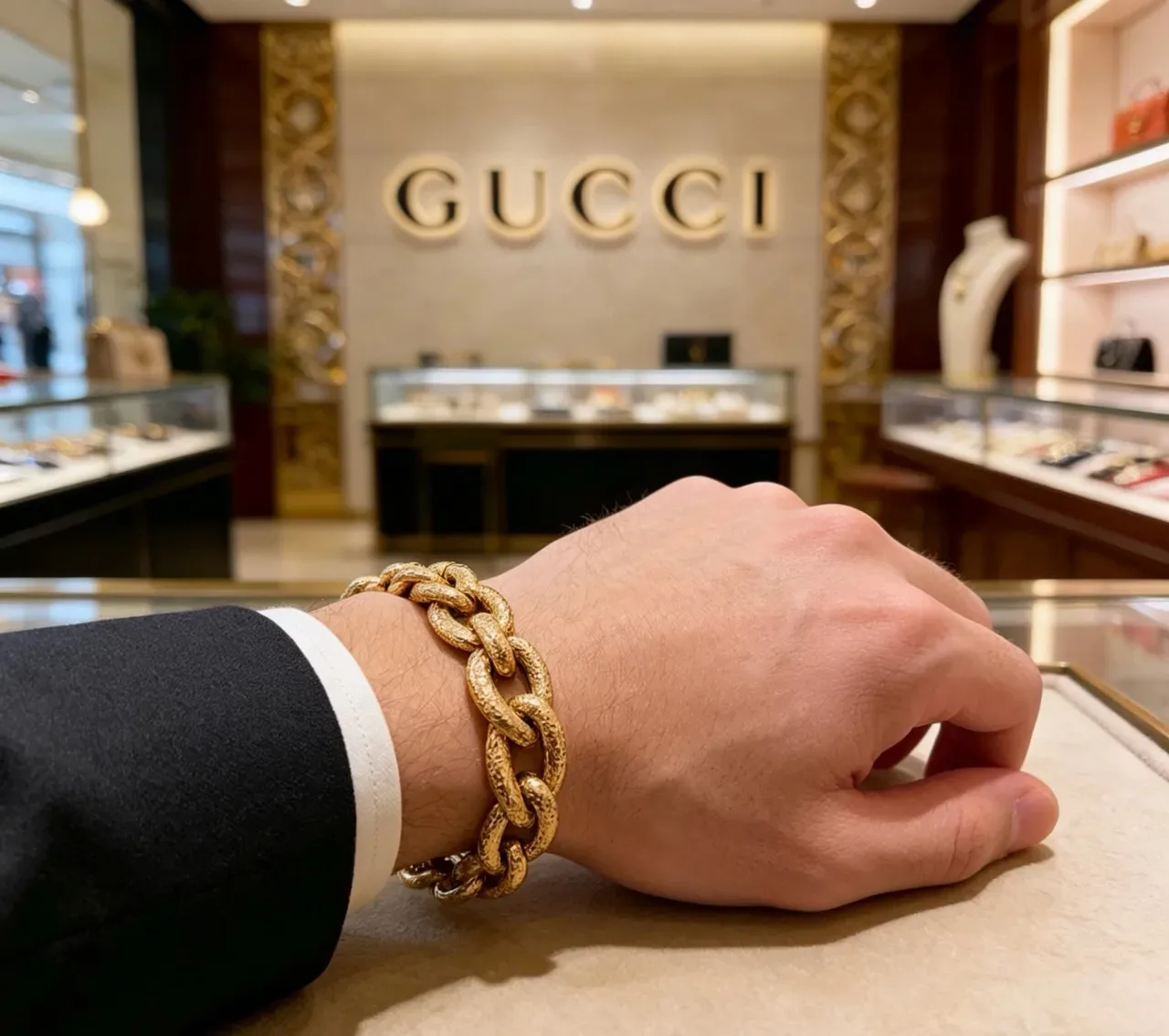 Gucci Gold Oversized Textured Curb-Link Bracelet 4