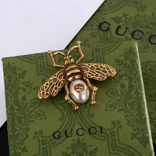 Gucci Gold White Bee Silhouette Pearl Abdomen Brooch