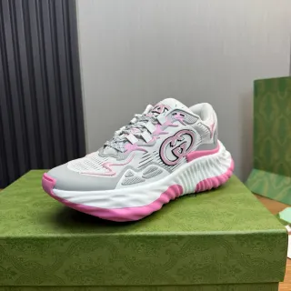 Gucci Gray Pink Sole Knit Mesh Upper Chunky Sneakers