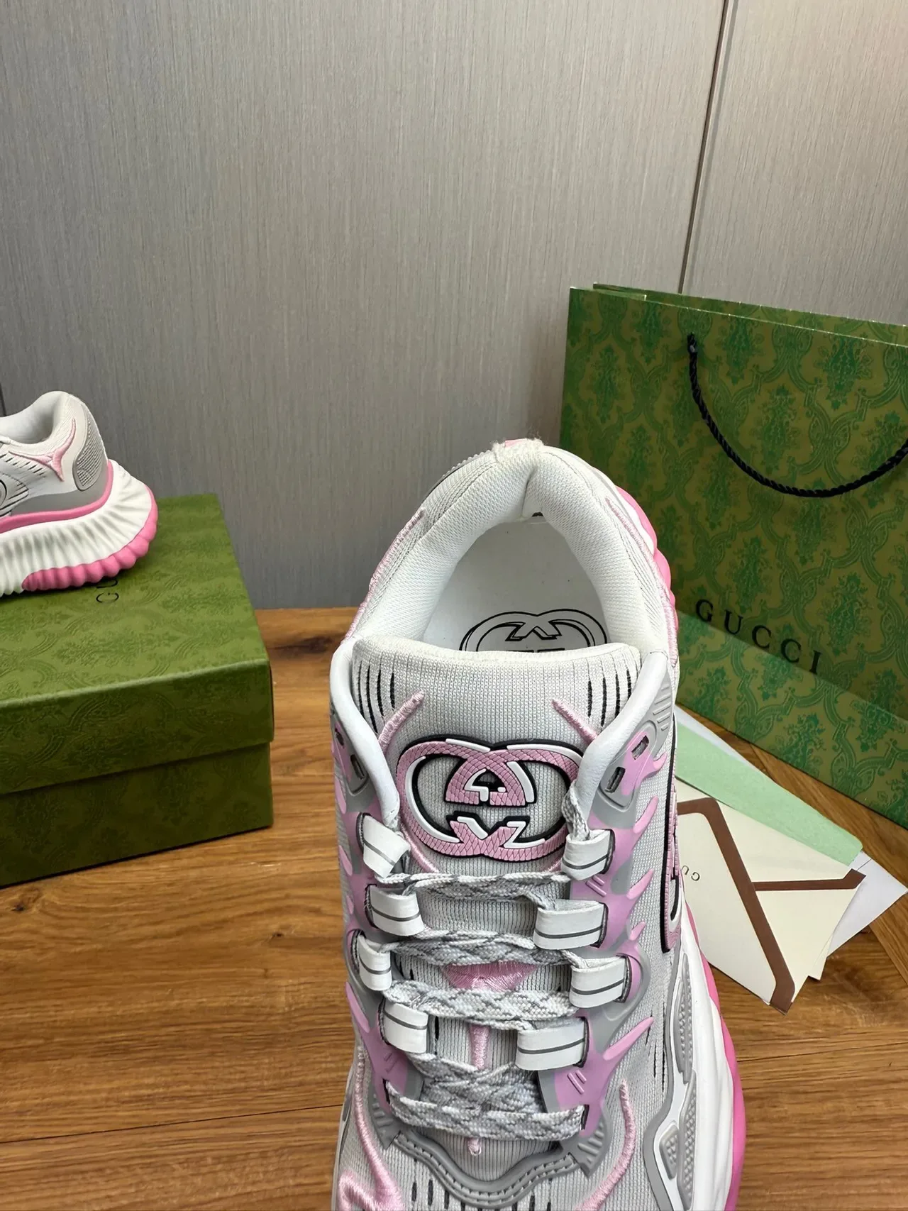 Gucci Gray Pink Sole Knit Mesh Upper Chunky Sneakers 8