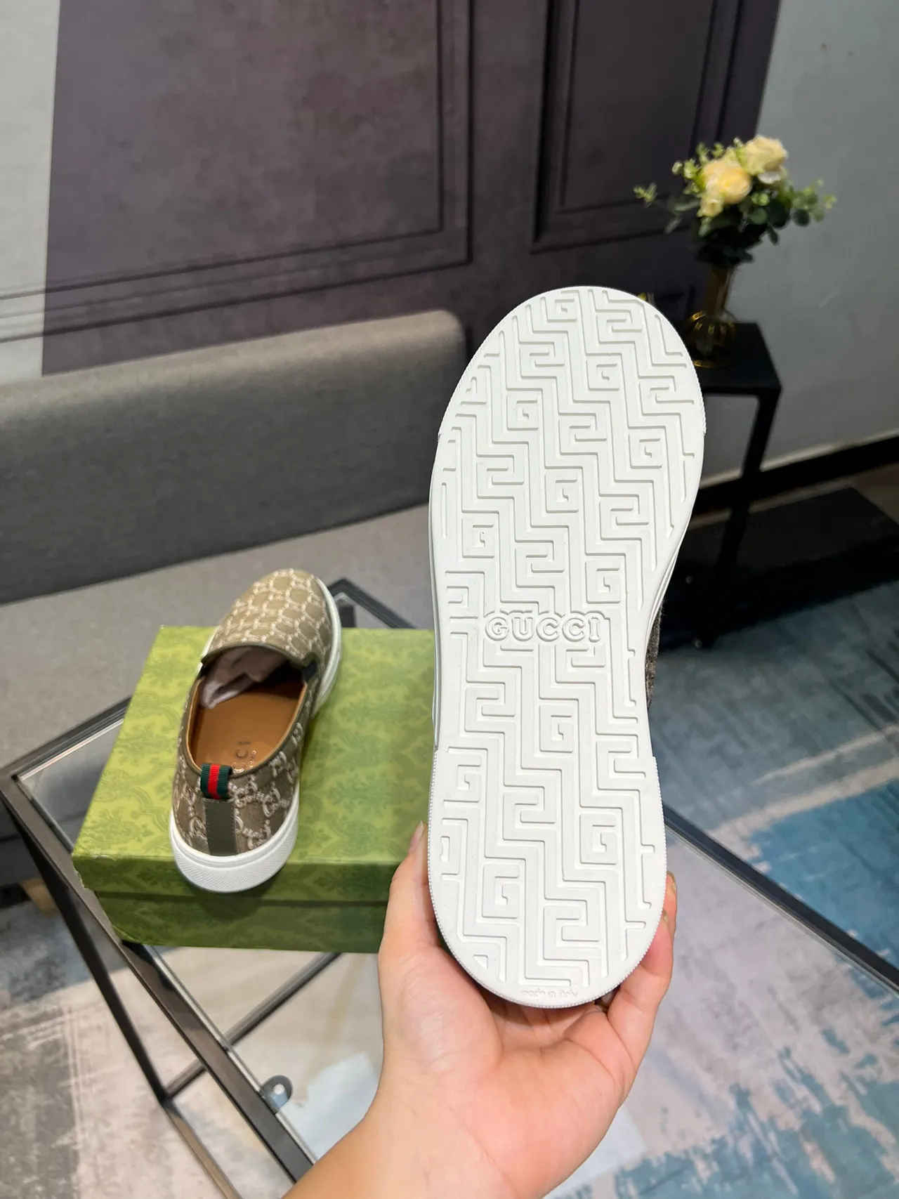 Gucci Green Beige GG Monogram Canvas Slip-On Construction Loafer 5