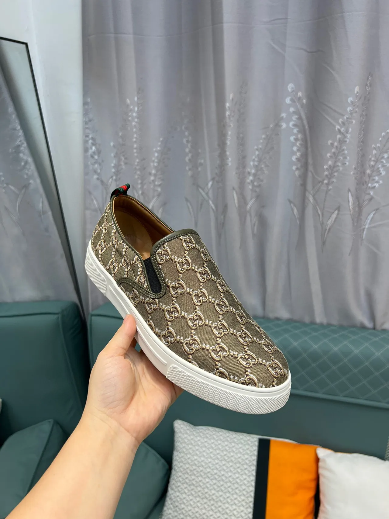Gucci Green Beige GG Monogram Canvas Slip-On Construction Loafer 6