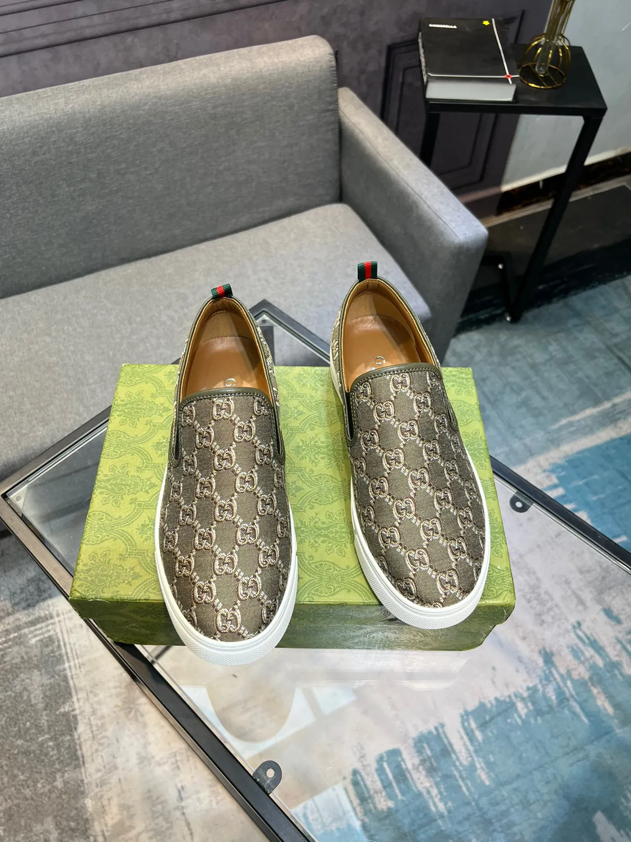 Gucci Green Beige GG Monogram Canvas Slip-On Construction Loafer 7
