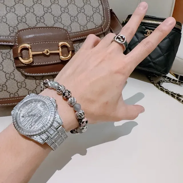 Gucci سوار أخضر فضي مرصع بالخرز GG مونوغرام 2