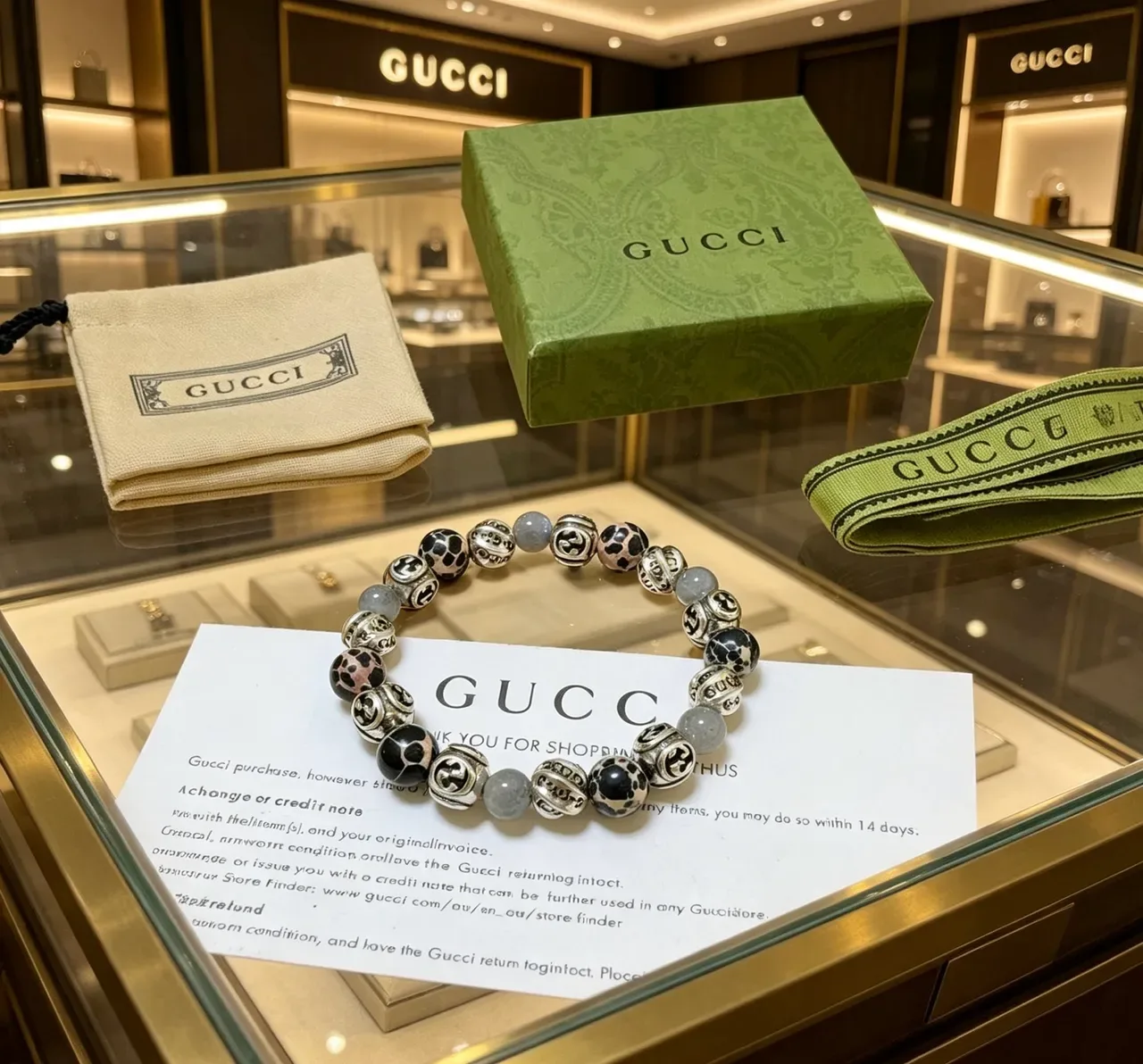 Gucci سوار أخضر فضي مرصع بالخرز GG مونوغرام 3