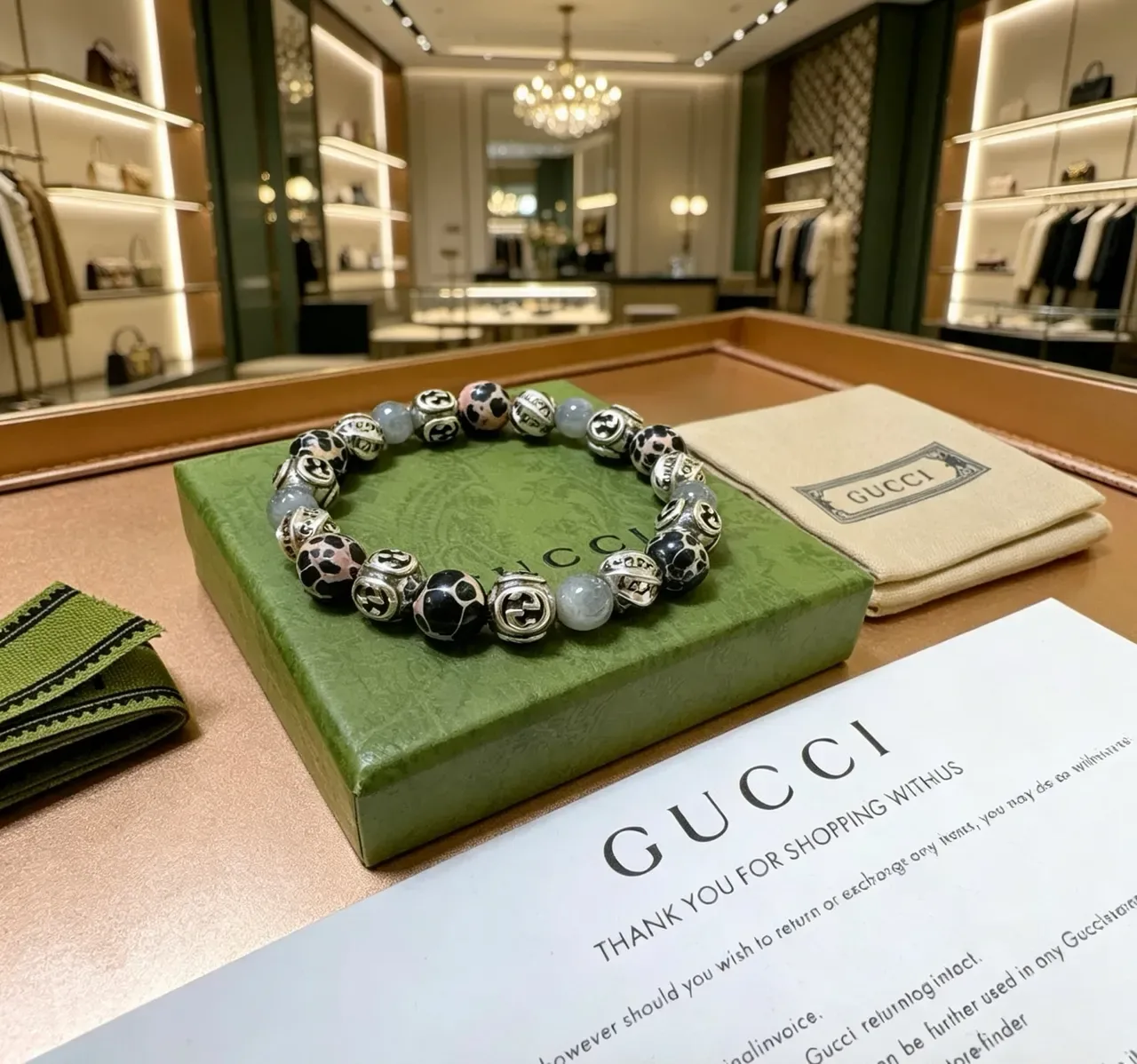 Gucci سوار أخضر فضي مرصع بالخرز GG مونوغرام 4