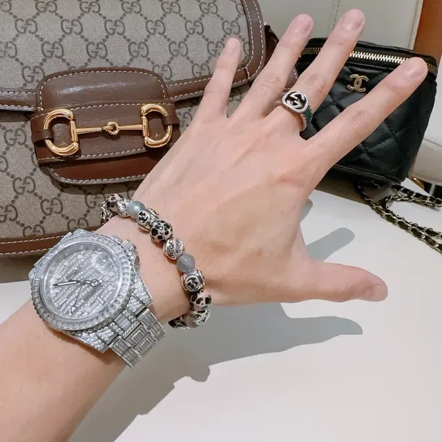 Gucci سوار أخضر فضي مرصع بالخرز GG مونوغرام 5