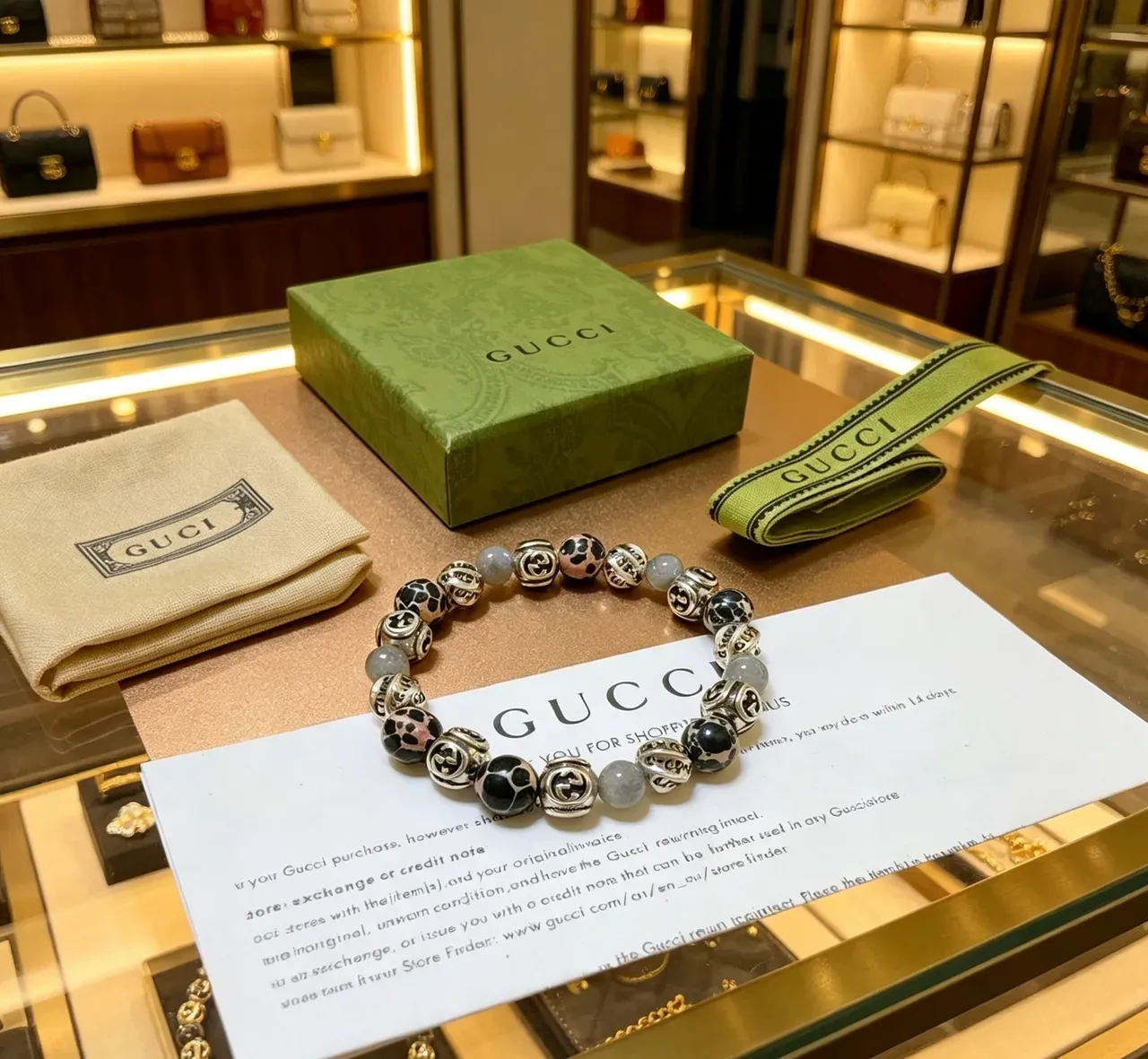 Gucci سوار أخضر فضي مرصع بالخرز GG مونوغرام 6
