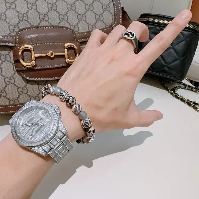 Gucci سوار أخضر فضي مرصع بالخرز GG مونوغرام 8