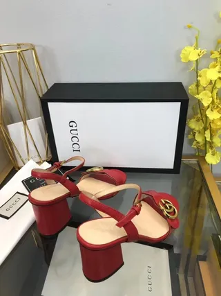 Gucci Horsebit 1955 লাল সোনা চামড়া ইন্টারলকিং জি বাকেল ব্লক হিল 3