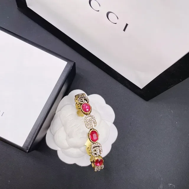 Gucci Interlocking G Pink Gemstone Gold-Tone Rigid Bracelet 3