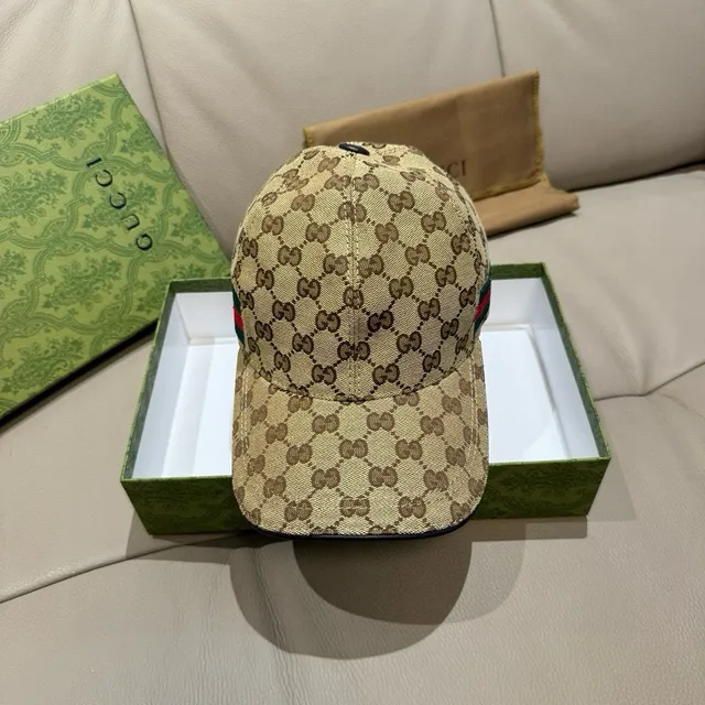 Gucci Ophidia 米色棕 GG 印花 帆布 Web 条纹 点缀 棒球帽 8