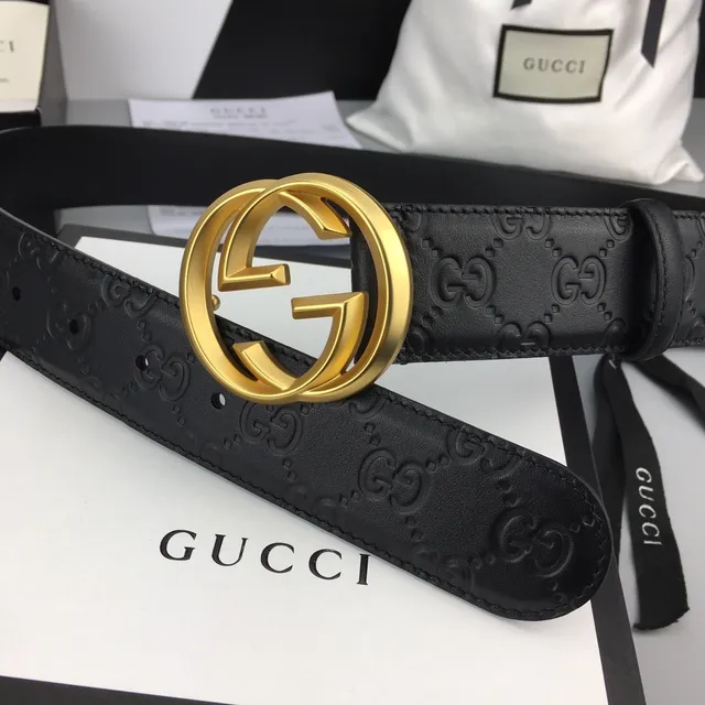 Gucci Ophidia Black Gold Embossed GG Monogram Interlocking G Buckle Leather Belt 5