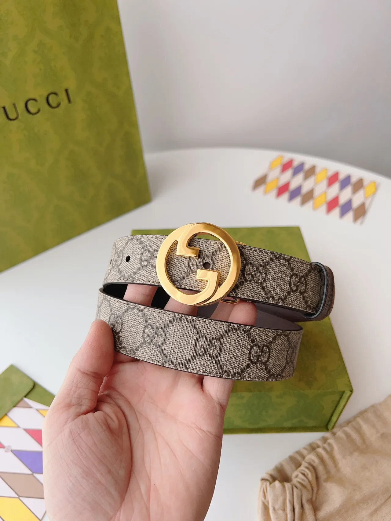 Gucci Ophidia بني بيج interlocking G Buckle GG Monogram كانفاس جلد حزام 2