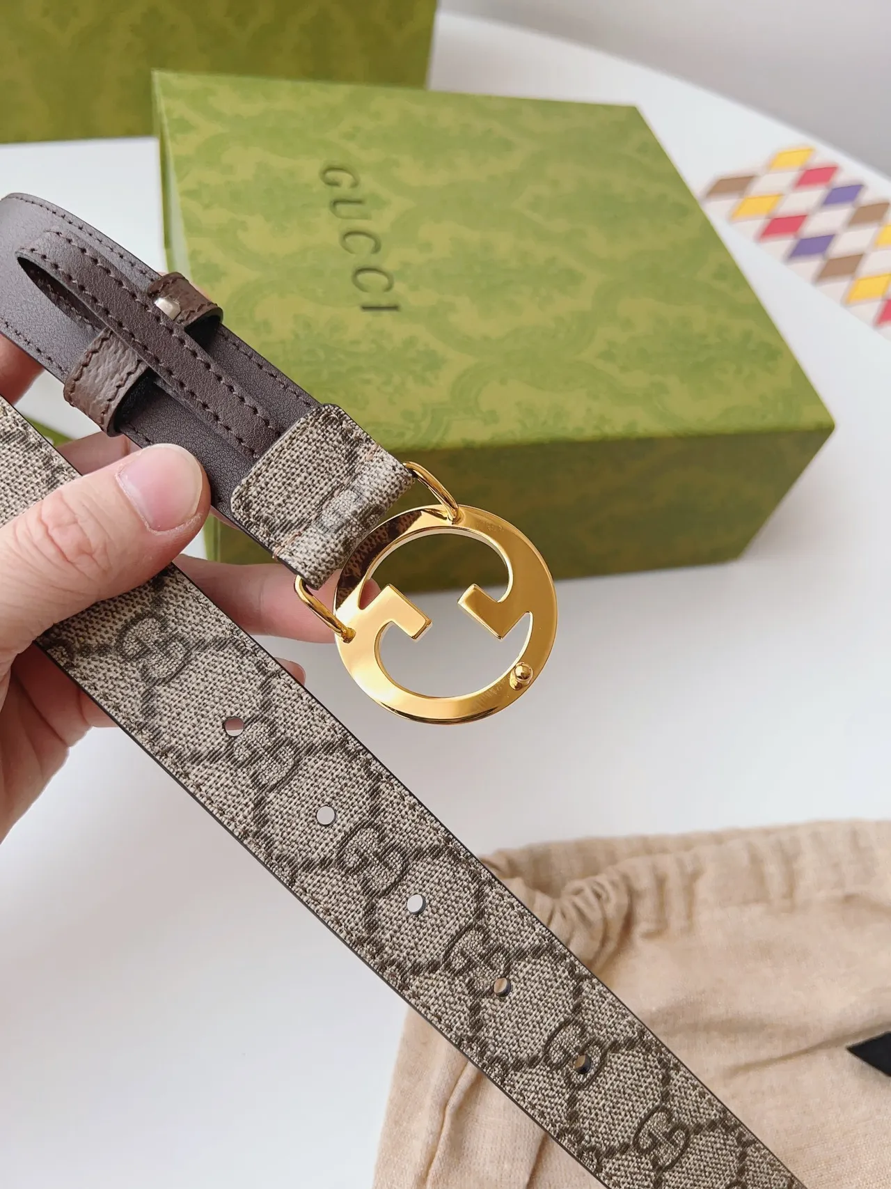 Gucci Ophidia بني بيج interlocking G Buckle GG Monogram كانفاس جلد حزام 3