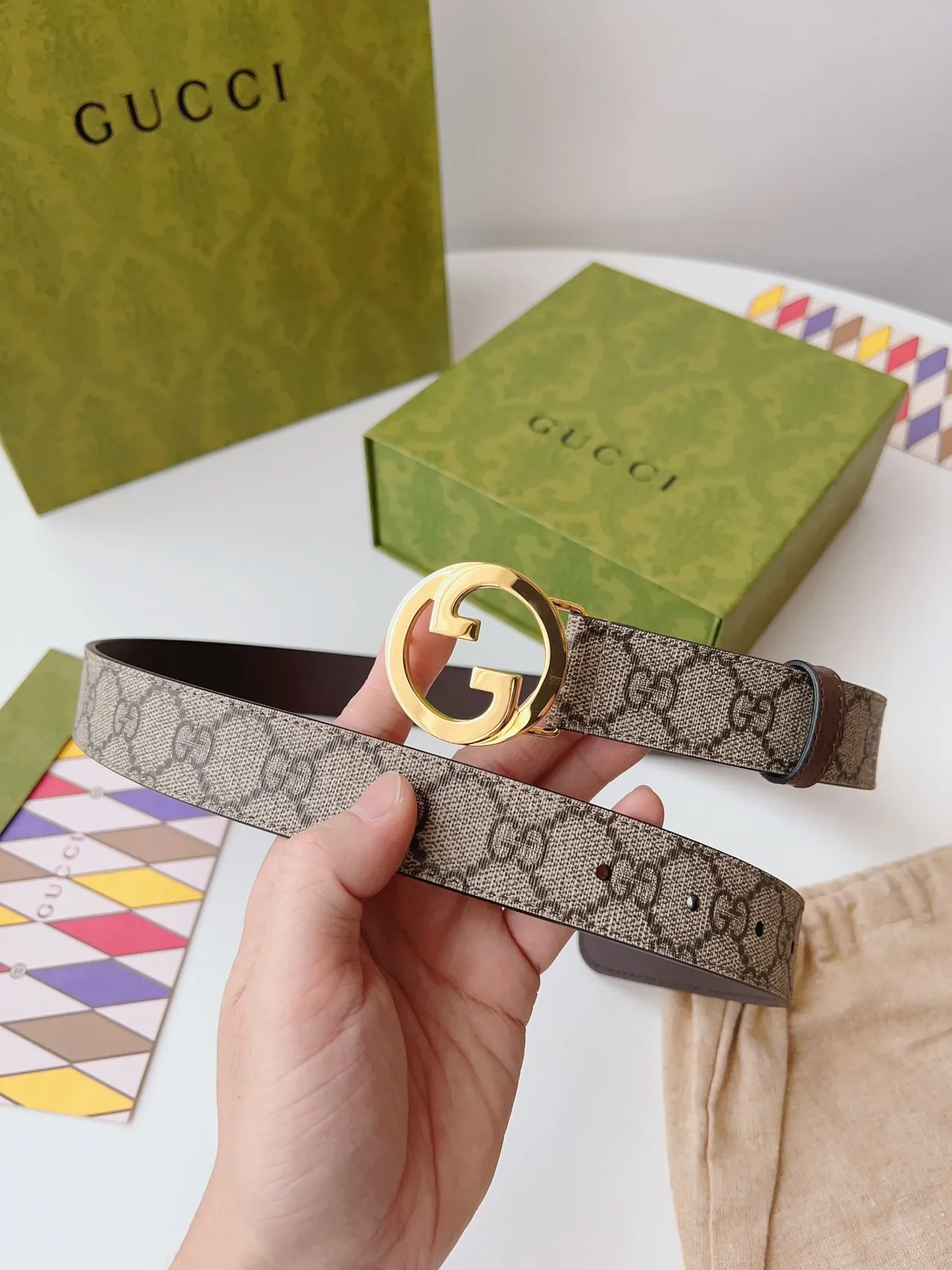 Gucci Ophidia بني بيج interlocking G Buckle GG Monogram كانفاس جلد حزام 5