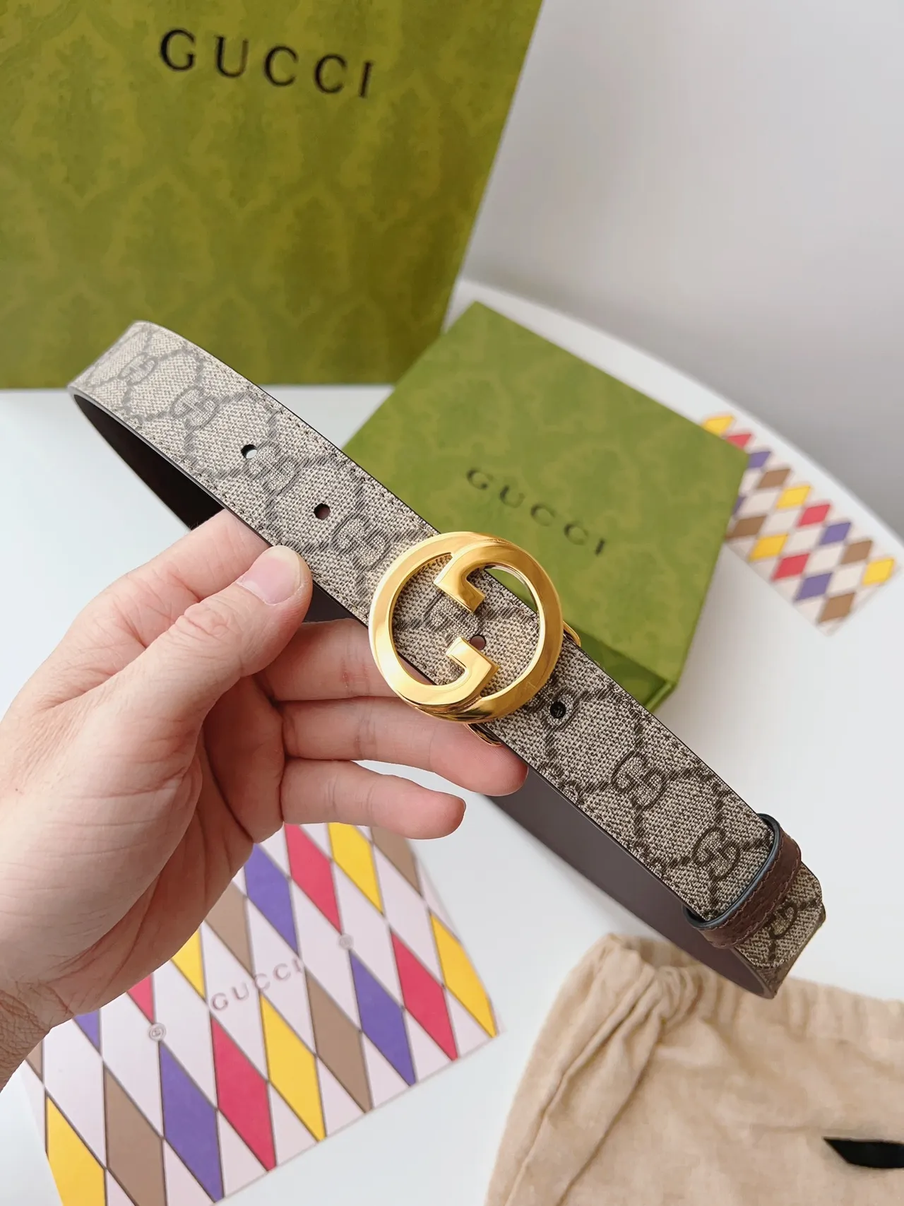 Gucci Ophidia بني بيج interlocking G Buckle GG Monogram كانفاس جلد حزام 8