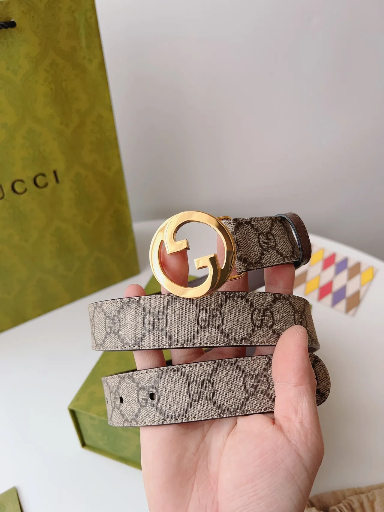 Gucci Ophidia بني بيج interlocking G Buckle GG Monogram كانفاس جلد حزام 9