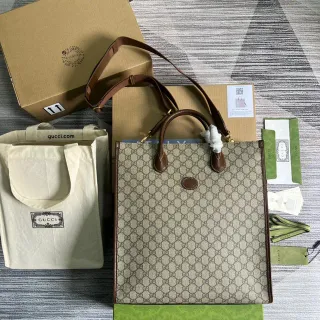 Gucci Ophidia GG Monogram Canvas बेज और भूरे टोट बैग