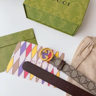 Gucci Ophidia Interlocking G Cinturón Marrón y Beige de Cuero