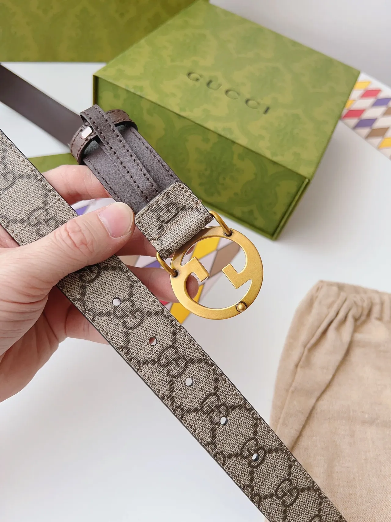 Gucci Ophidia Interlocking G Ceinture Marron et Beige en Cuir 3
